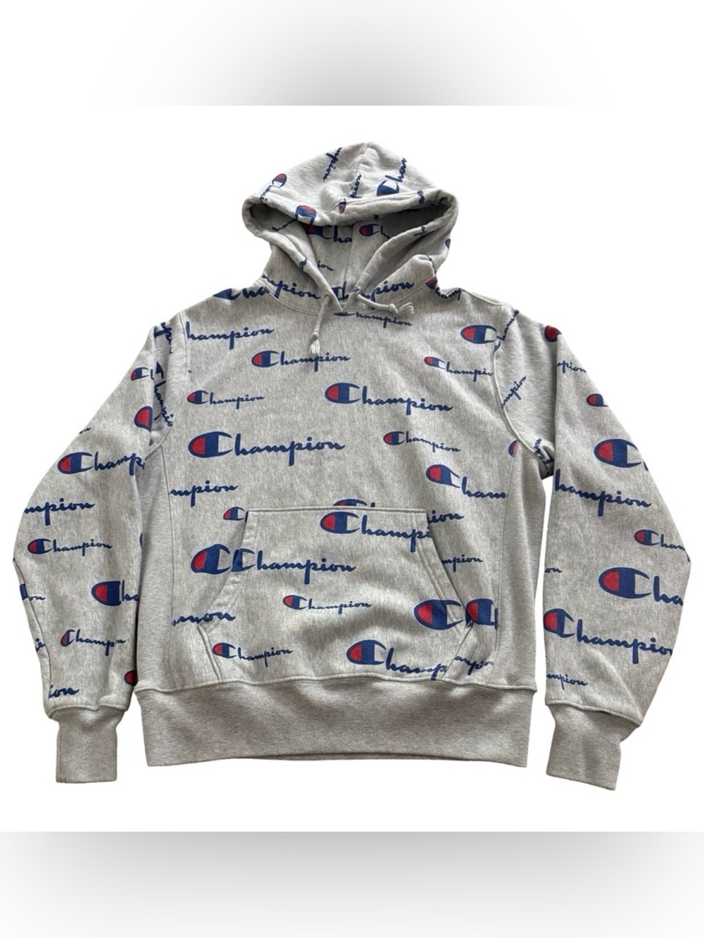 Champion Reverse Weave All Over Logo Hoodie Pullover Gray Medium Script Print